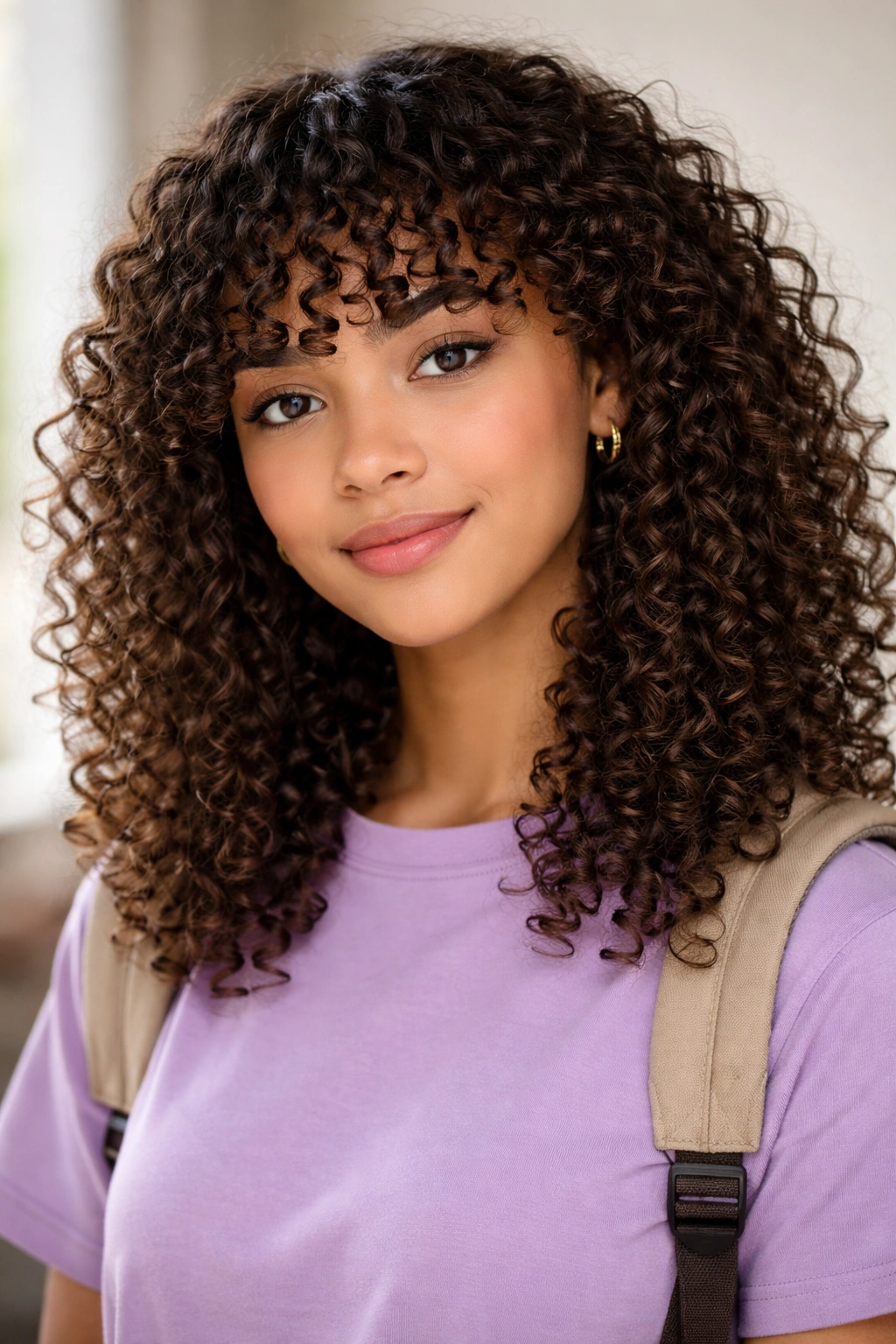 Portrait of natural curls with curly fringe in soft studio lighting