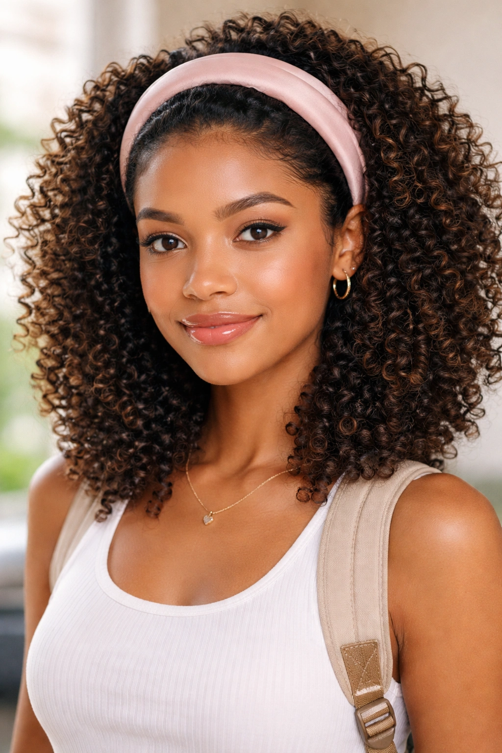 Natural curls with a headband accentuating curl pattern.