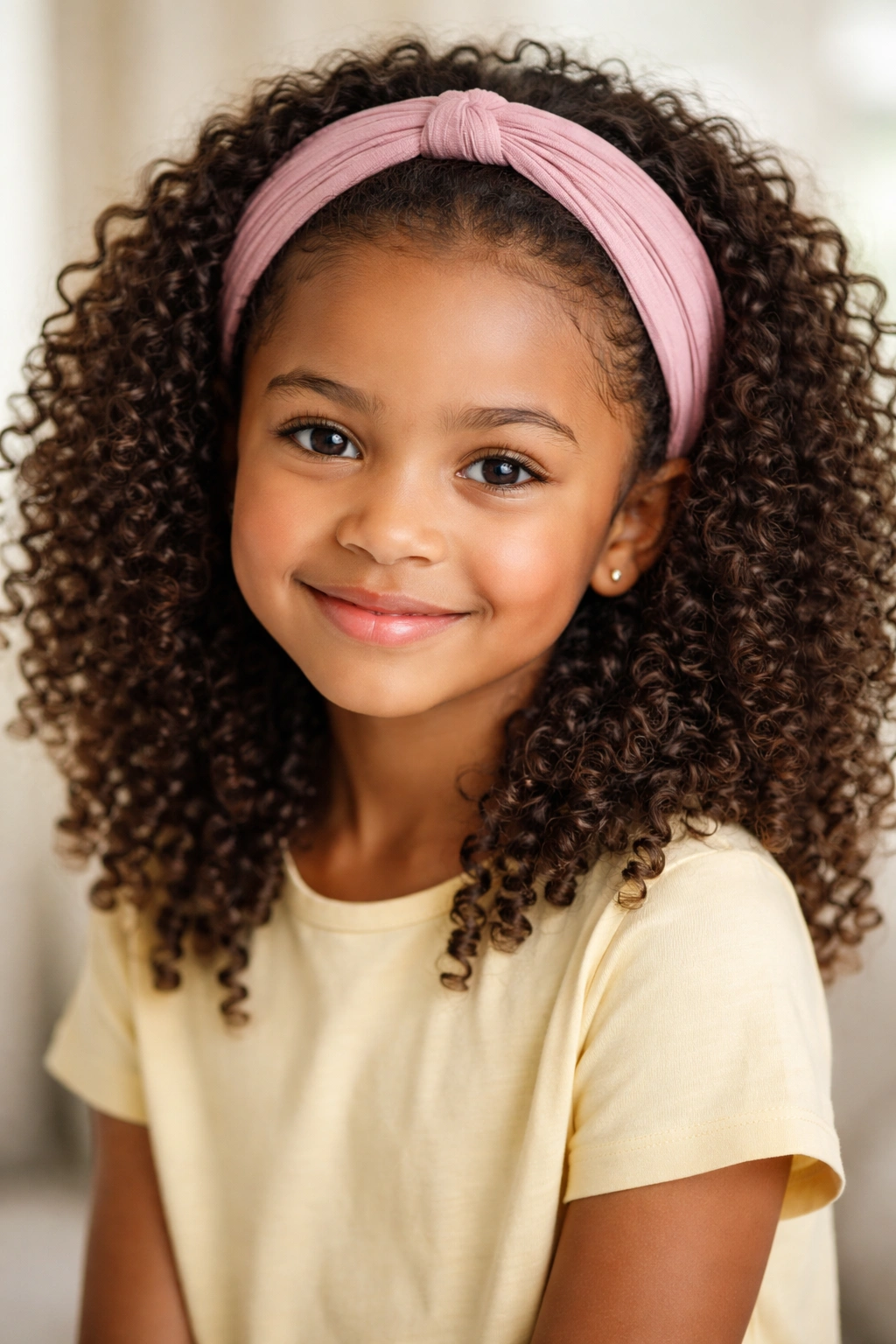 Curly hair with fabric headband keeping hair off the face
