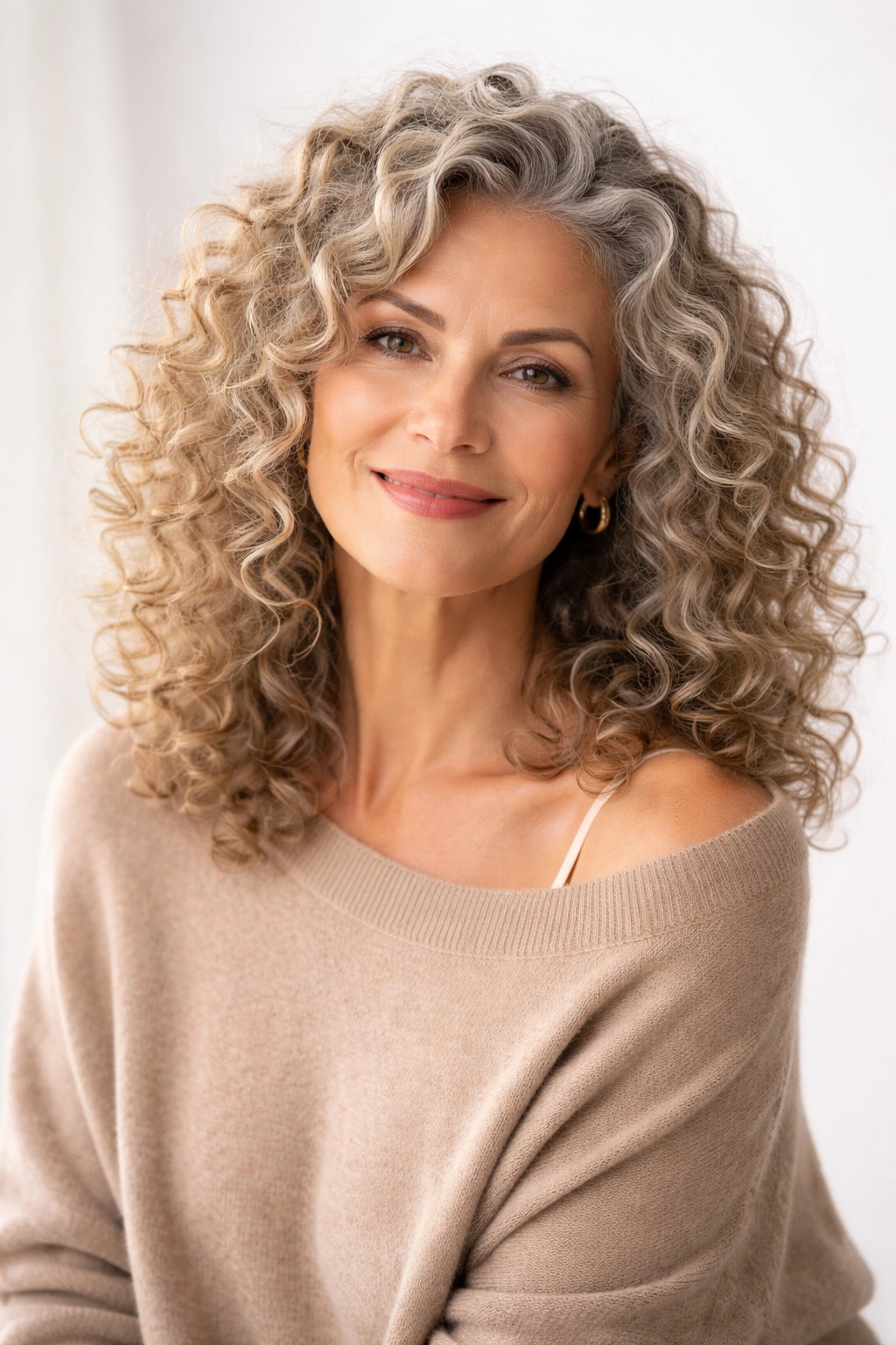 Mature woman with natural curls in a studio