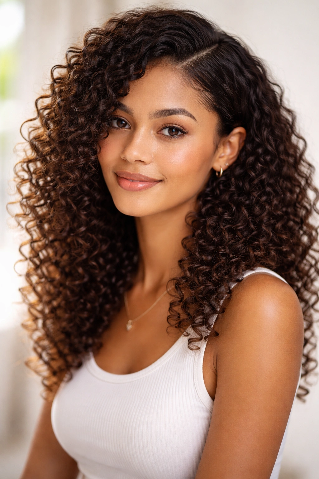 Portrait of natural curls with a deep side part and defined moisture