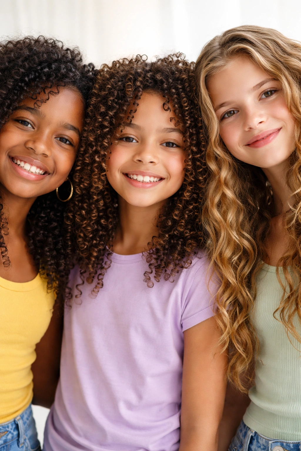 Close-up of natural curls and coils showing varied texture in studio lighting