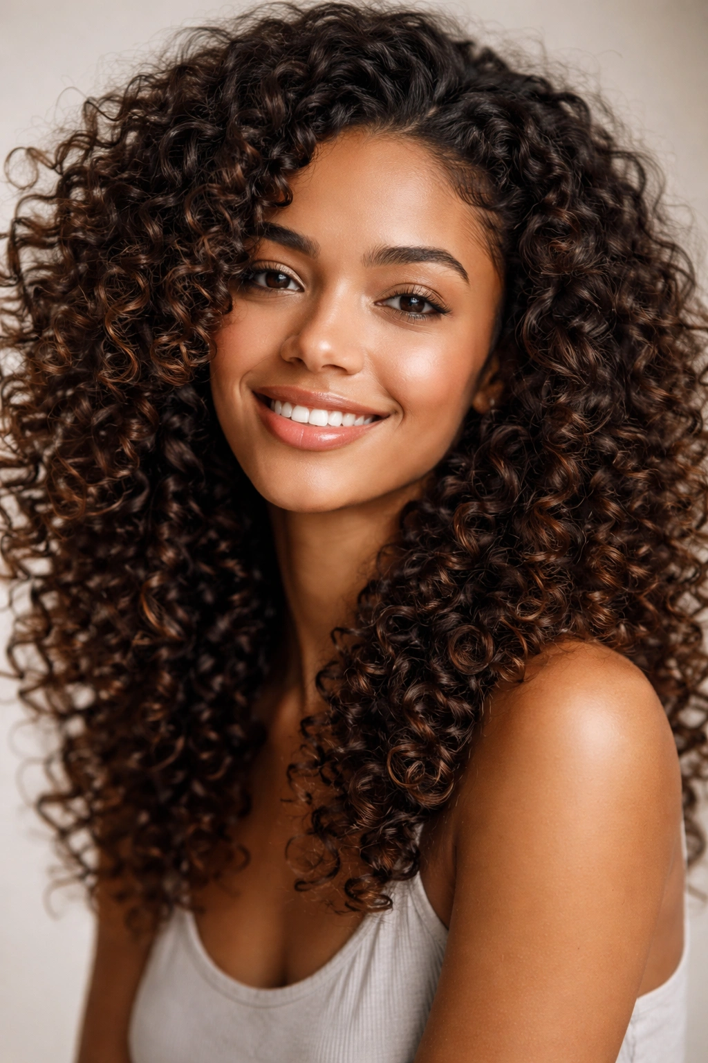 Close-up portrait of a person embracing natural curly hair with soft lighting