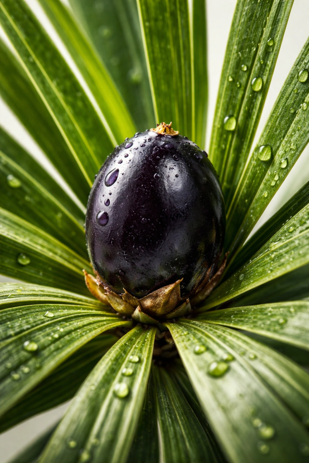 Close-up of a saw palmetto berry with leaves on a neutral backdrop
