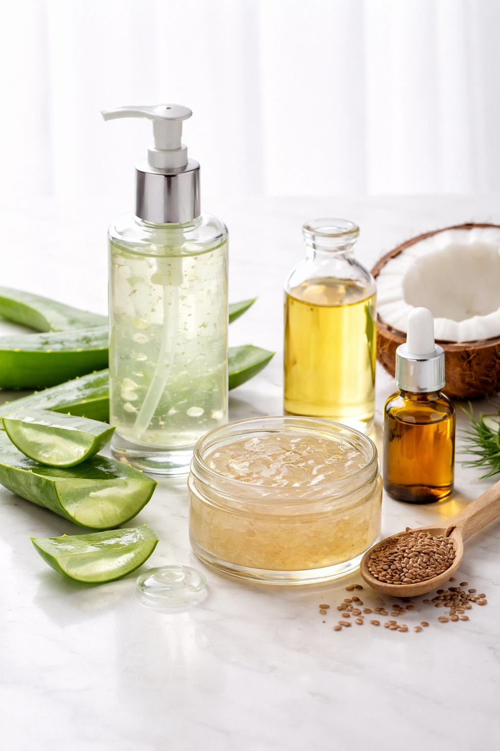 Natural gel alternatives like aloe vera, flaxseed gel, and coconut oil displayed unlabeled