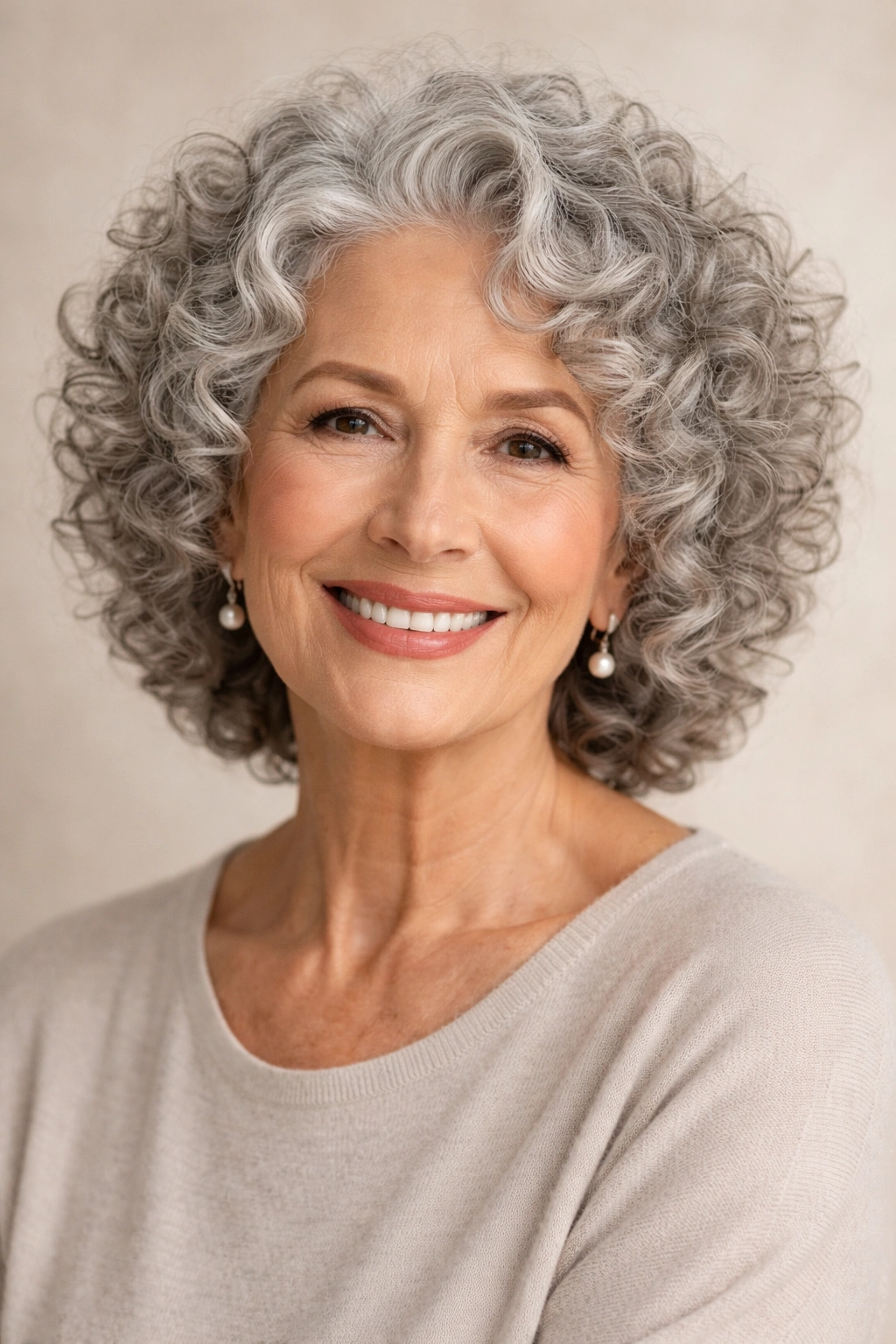 Older woman with natural gray curls in a simple flattering cut