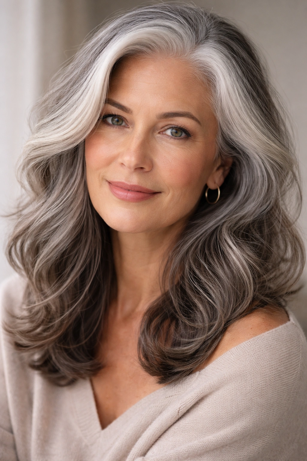 Portrait of a woman with natural gray hair embracing her silver look