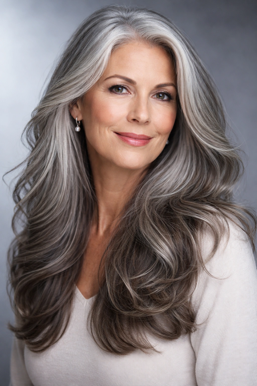 Natural gray hair styled with gentle waves and layers