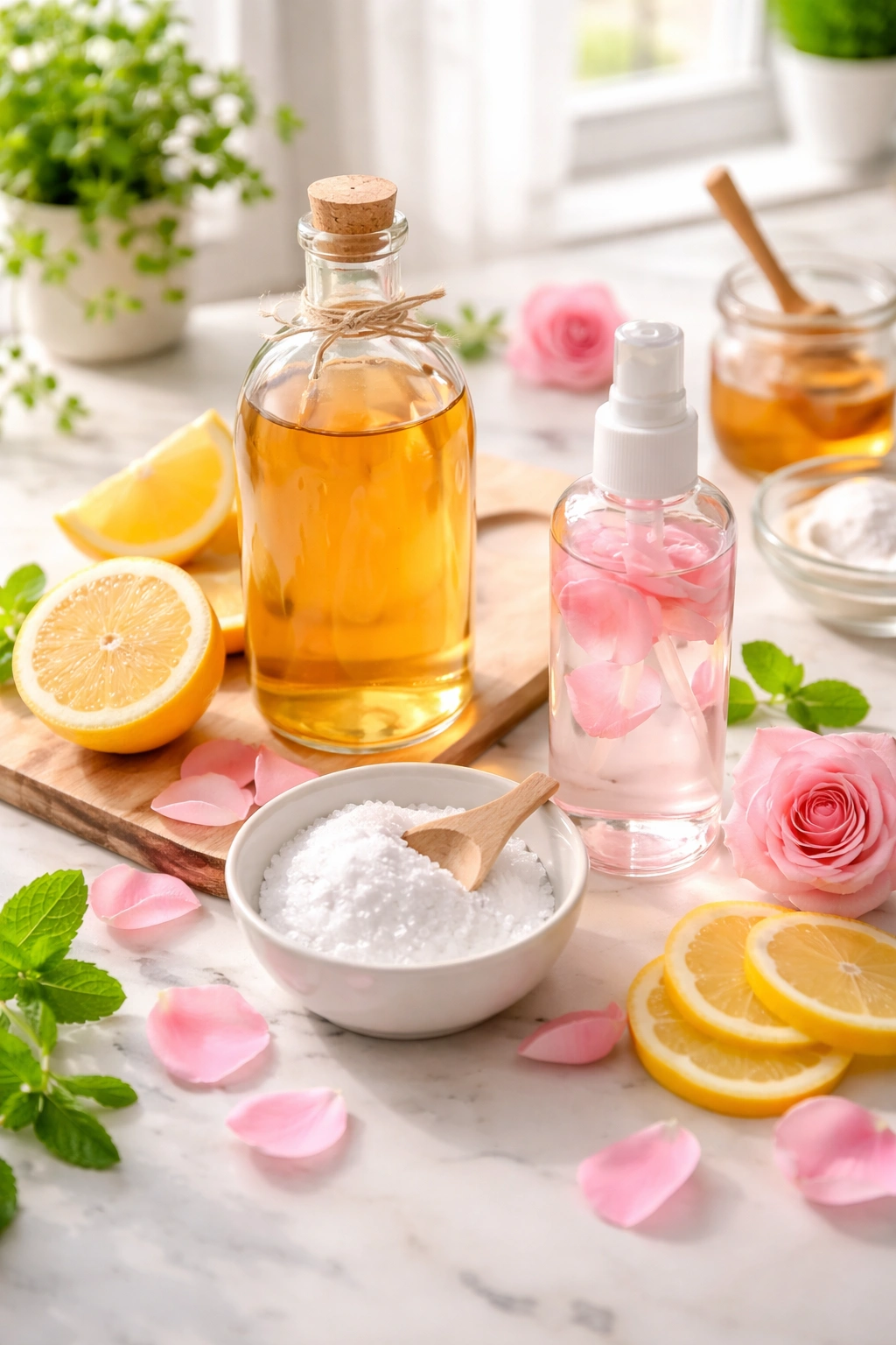 Close-up of natural hair care ingredients for DIY solutions including apple cider vinegar, lemon, baking soda, and rose water.