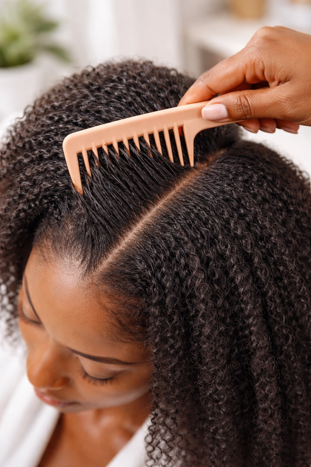 Close-up of natural hair being detangled on a clean background