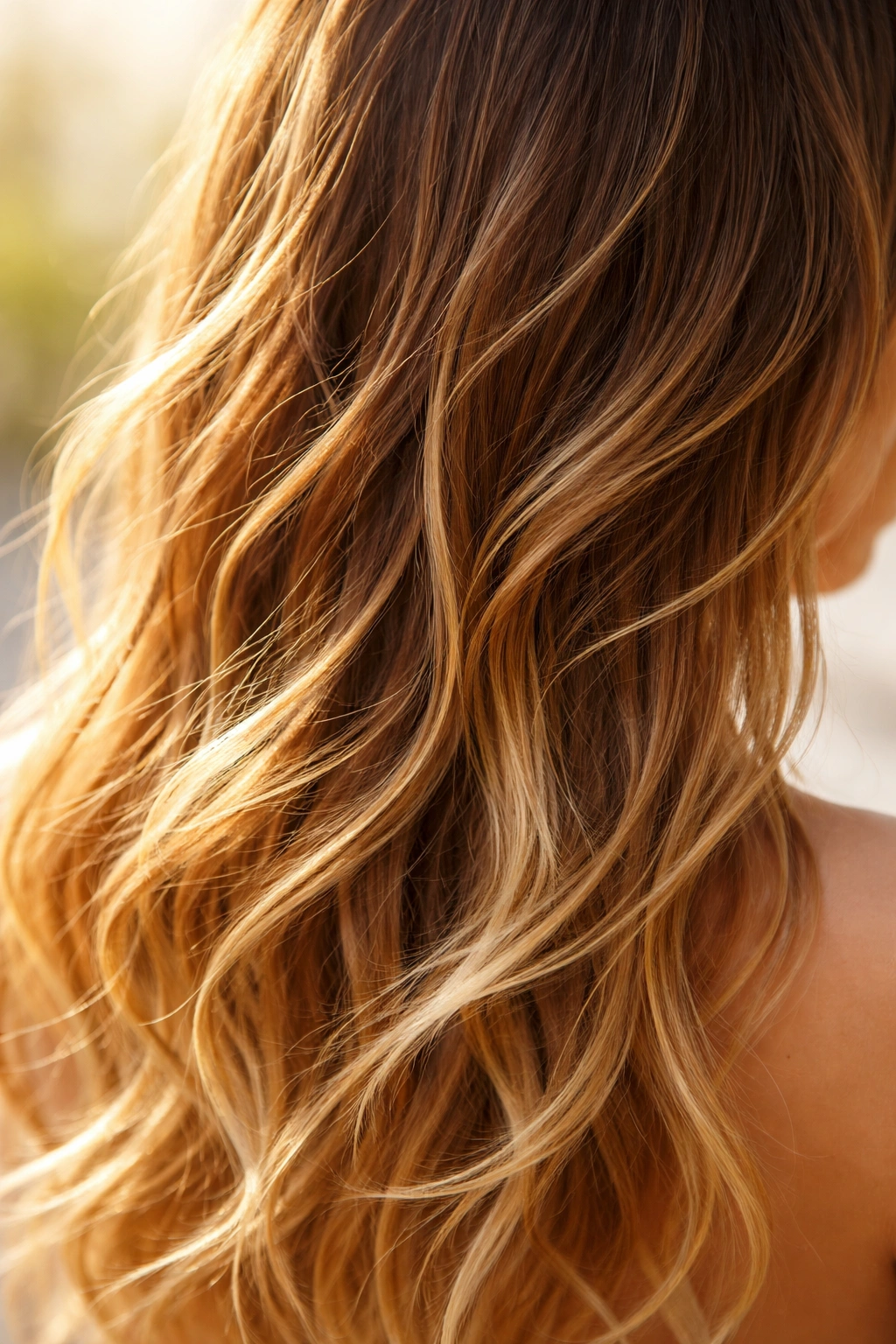 Close-up of sun-kissed hair strands showing subtle lighter ends in soft natural light