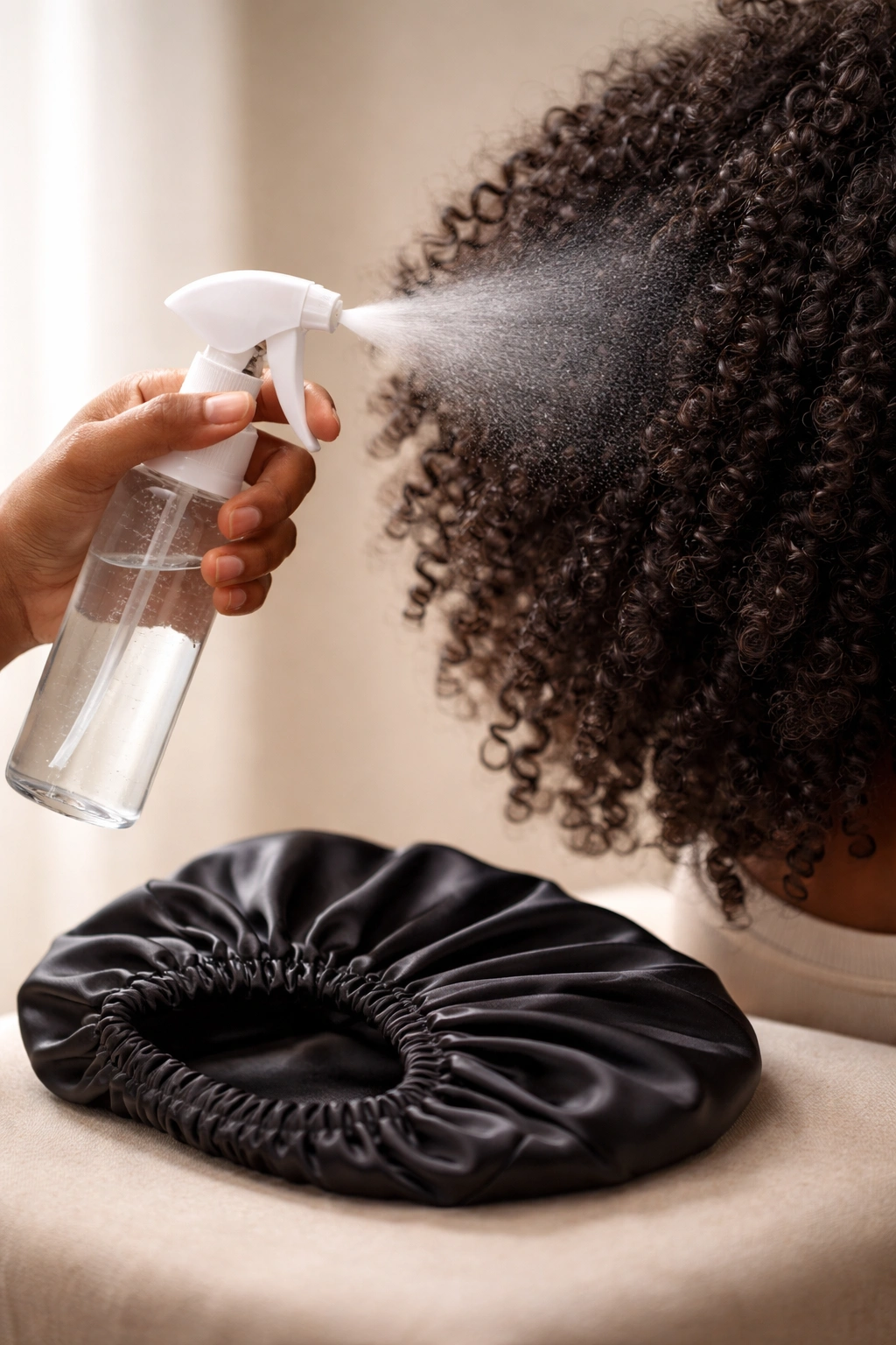 Hand with spray bottle misting curls, satin bonnet nearby