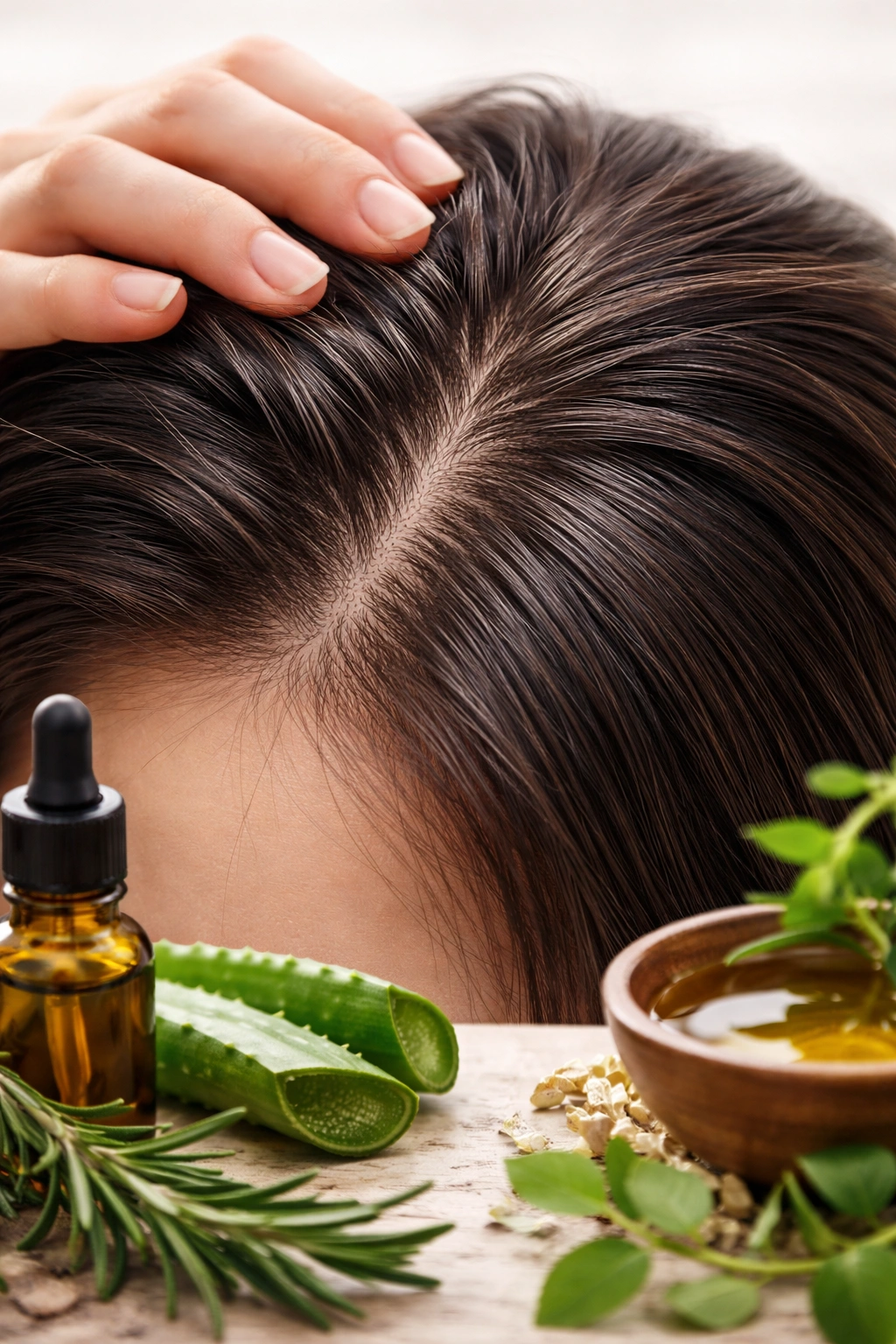 Scalp with thicker regrowth strands in a close-up