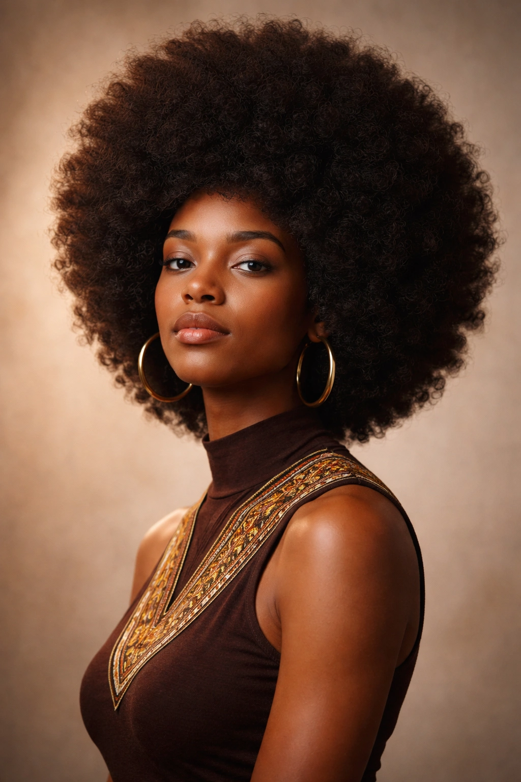Portrait of a Black person with a voluminous natural Afro, symbolizing the natural hair revolution.