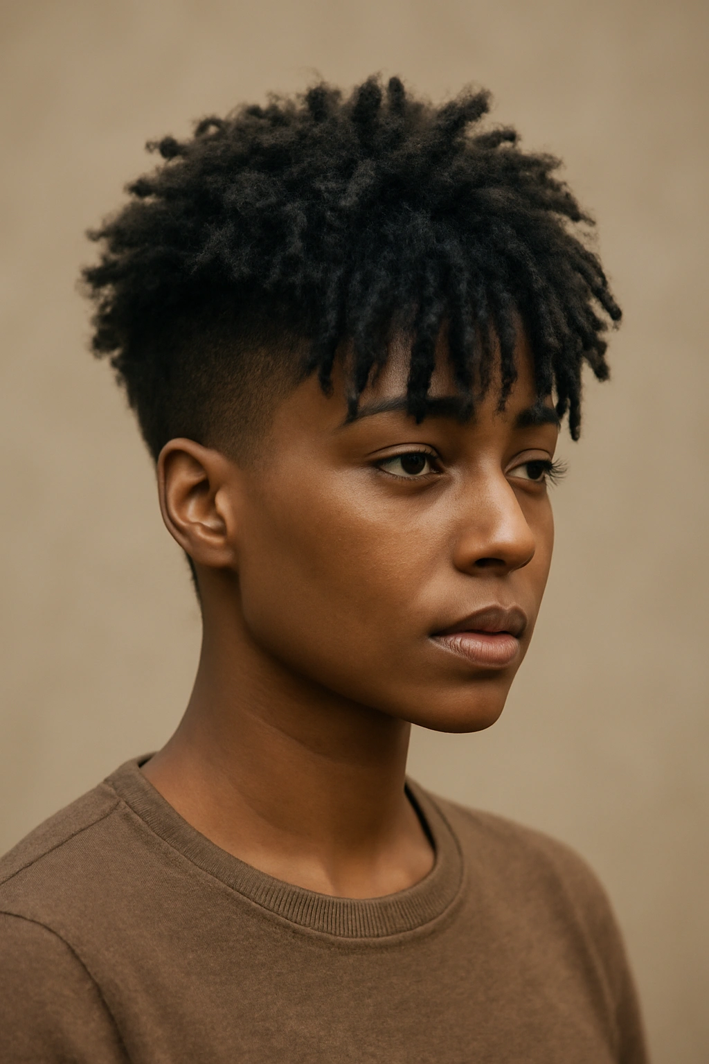 30 Short Haircuts for Black Women 7 Close portrait of a Black woman with a natural taper and long bangs