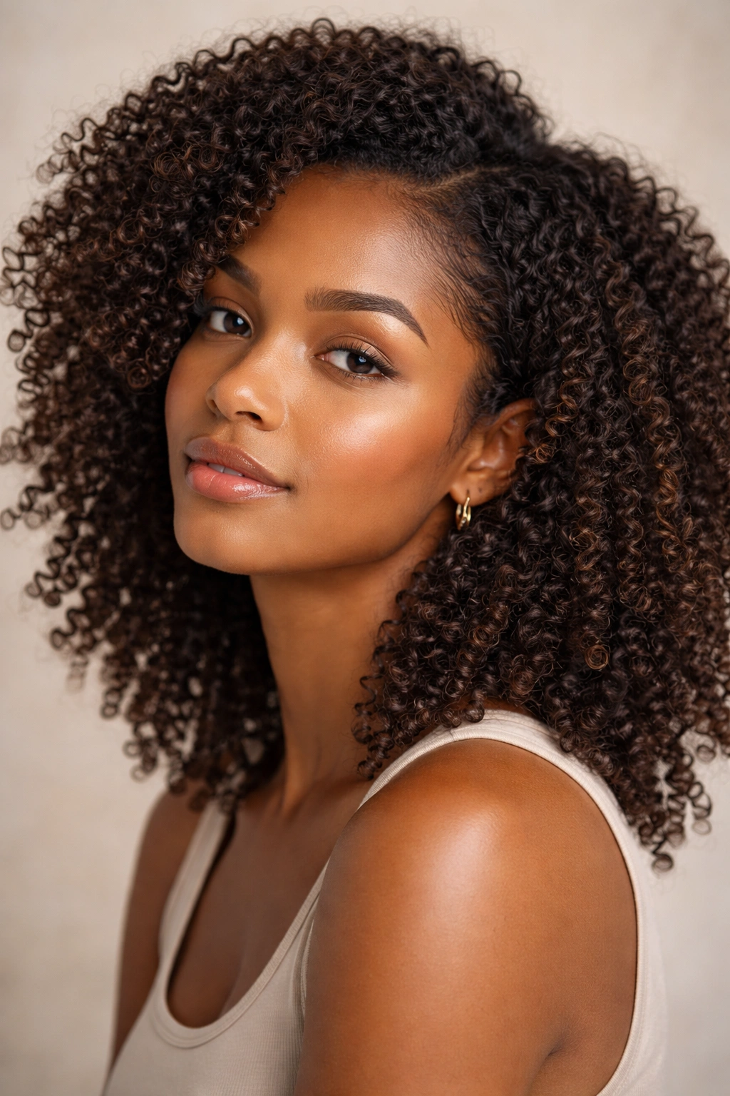 Close-up portrait showing defined natural curls and hair texture