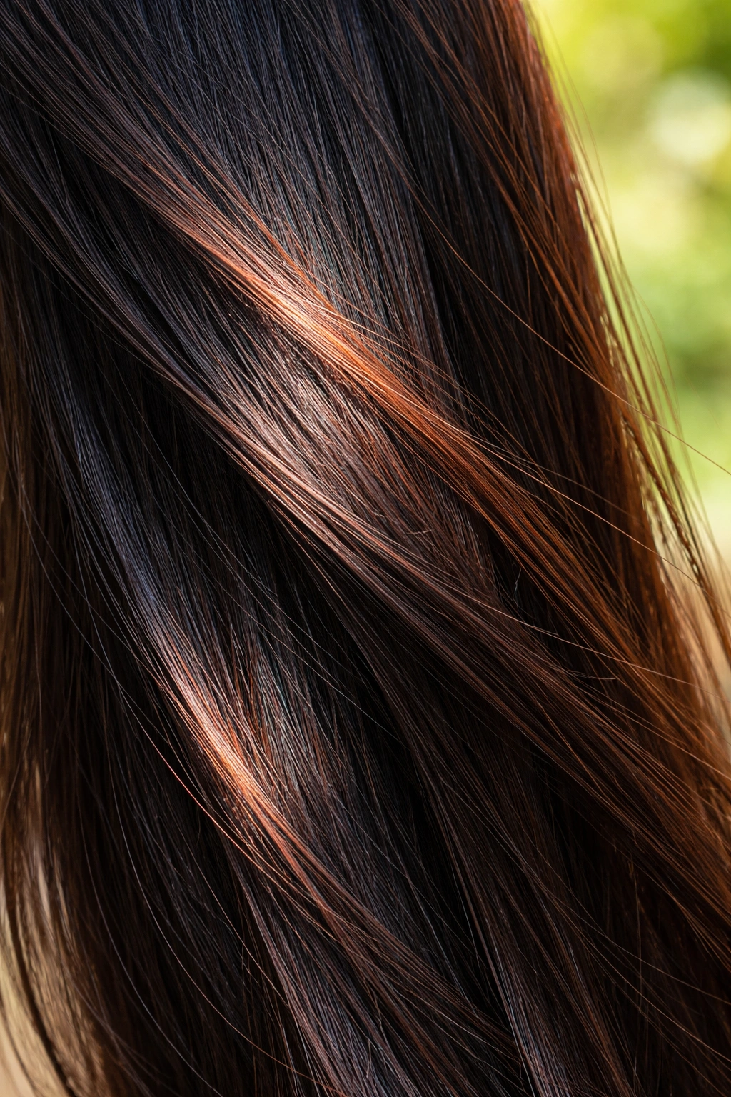 Dark hair strand with warm undertones under sunlight