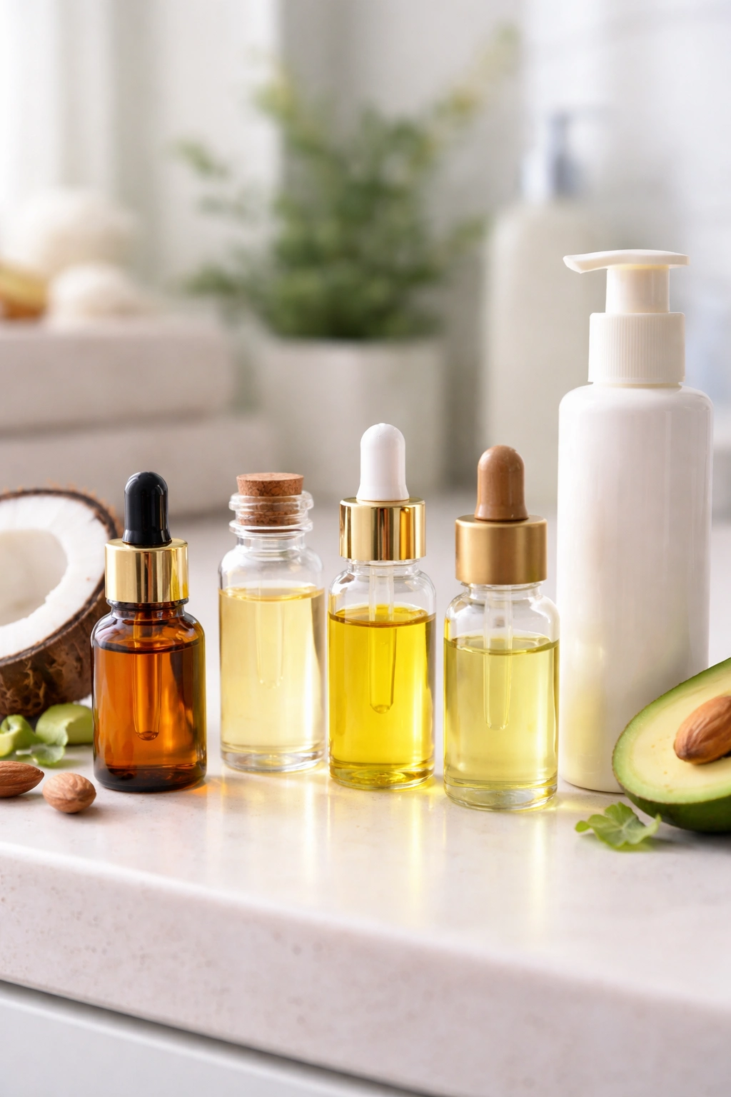 Assorted hair friendly alternatives: natural oils and leave in conditioner arranged neatly