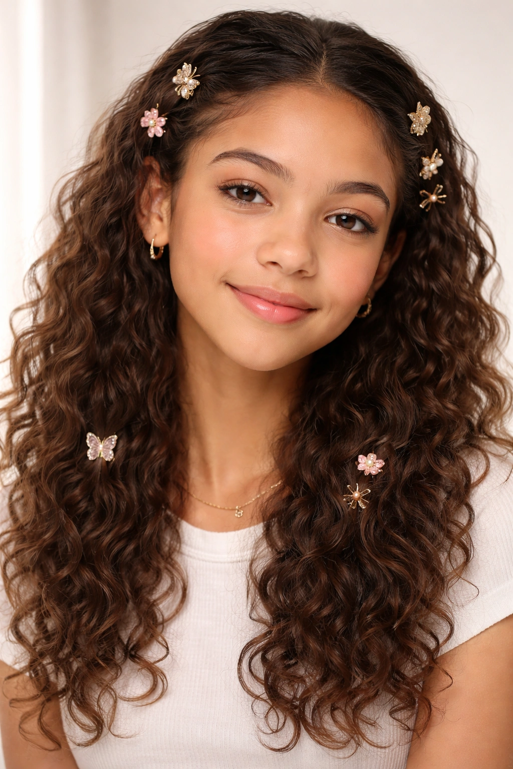 Natural texture hair with decorative clips at temples and crown