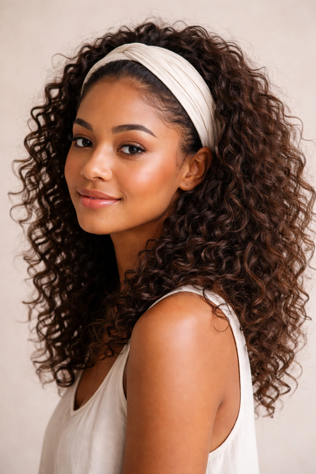 Natural waves with a fabric headband showcasing textured hair