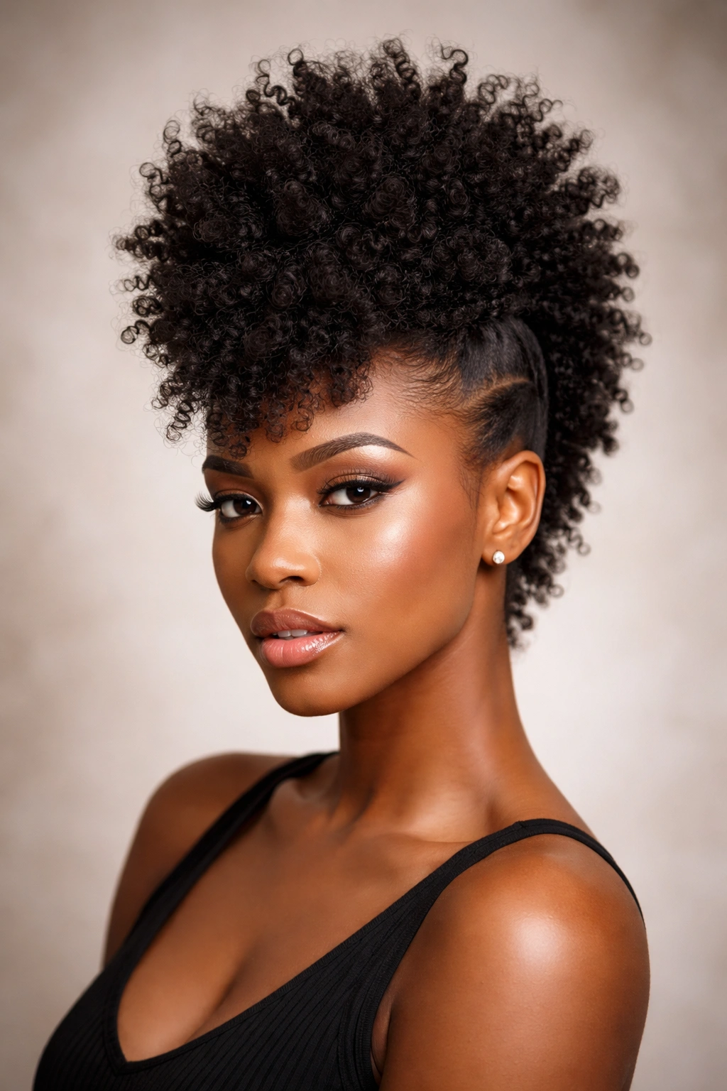 Close-up of The Natural-Textured Frohawk Weave showing a centered voluminous frohawk