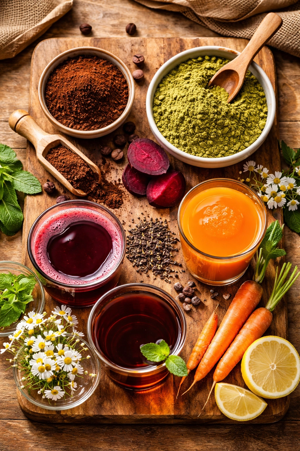 Assorted natural tinting ingredients arranged on a wooden board