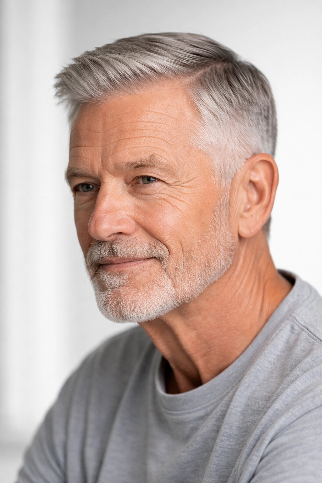Close-up of an older man with a neatly trimmed haircut and crisp edges