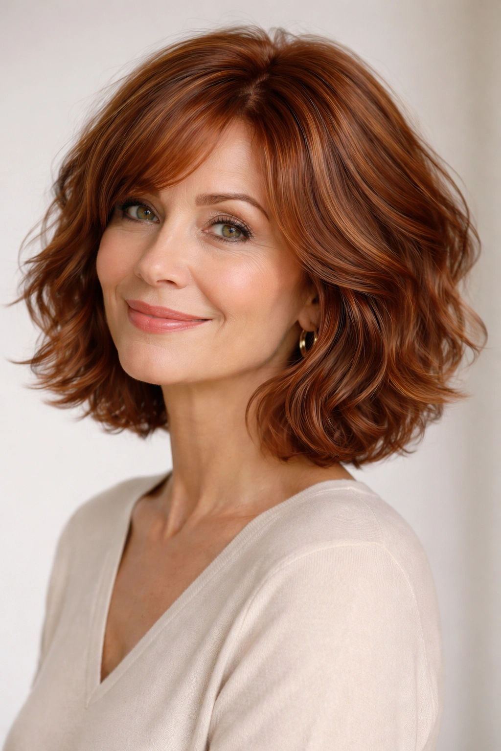 Neck-length wavy bob with warm auburn color