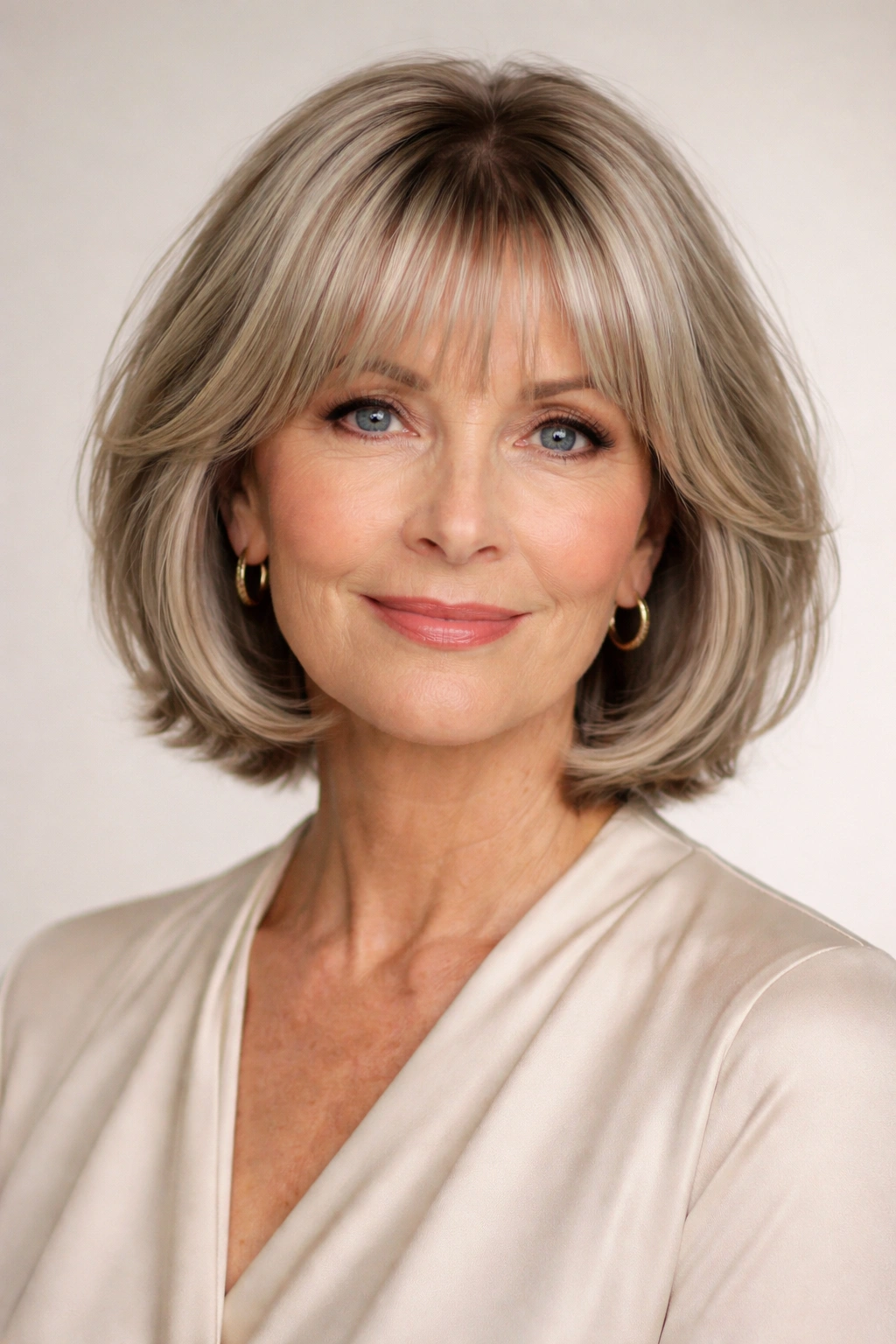 Woman with neck-length bob and bottleneck bangs