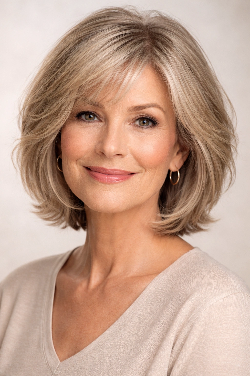 Three-quarter view of a neck-length bob with soft layers
