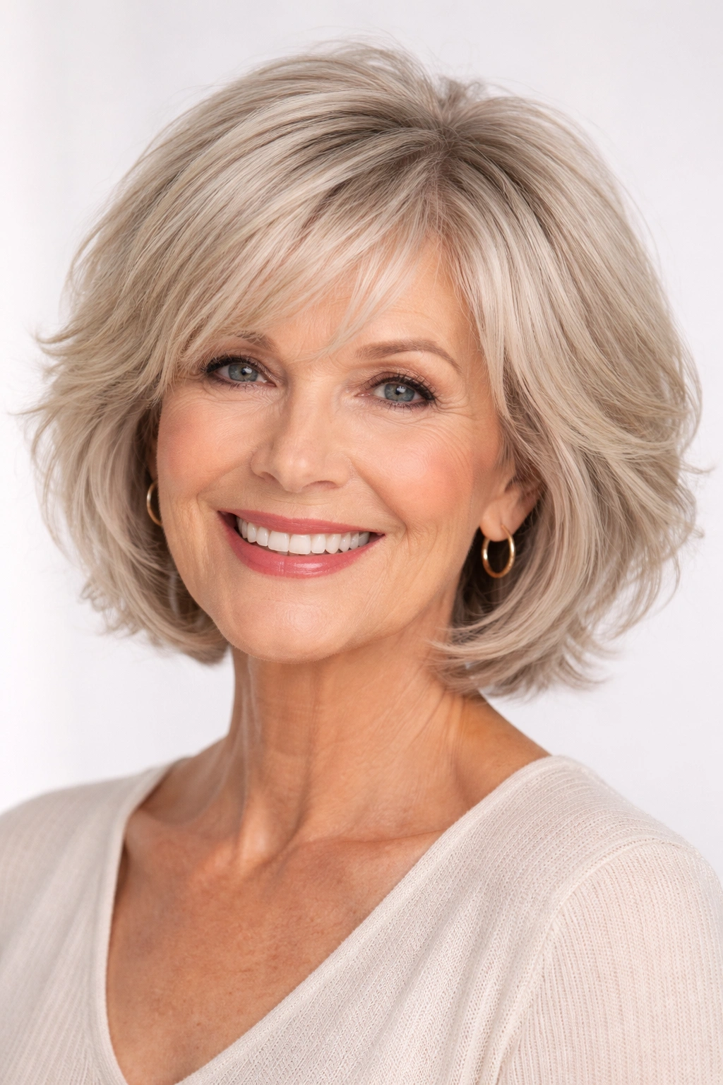 Close-up of a woman with neck-length wispy bob and fluffy layers