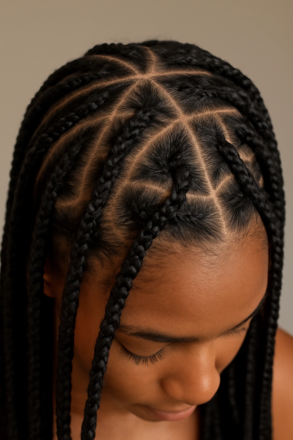 Braids spaced to reveal scalp in negative-space patterns