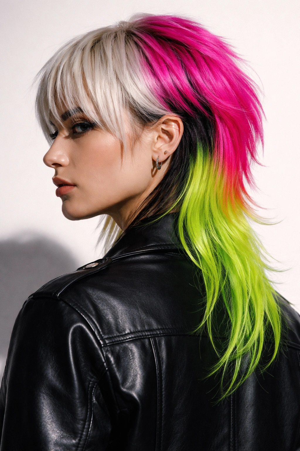 Close-up of a two-tone neon mullet with a neon back and contrasting front
