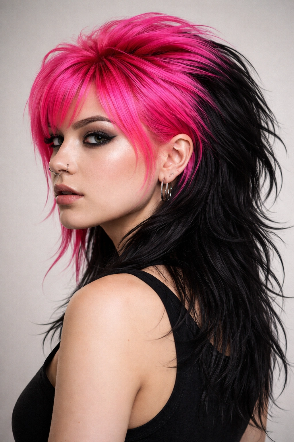 12 Colorful Mullet Haircuts To Inspire Your Next Cut 1 Close-up mullet with neon pink crown and black back showing bold color contrast