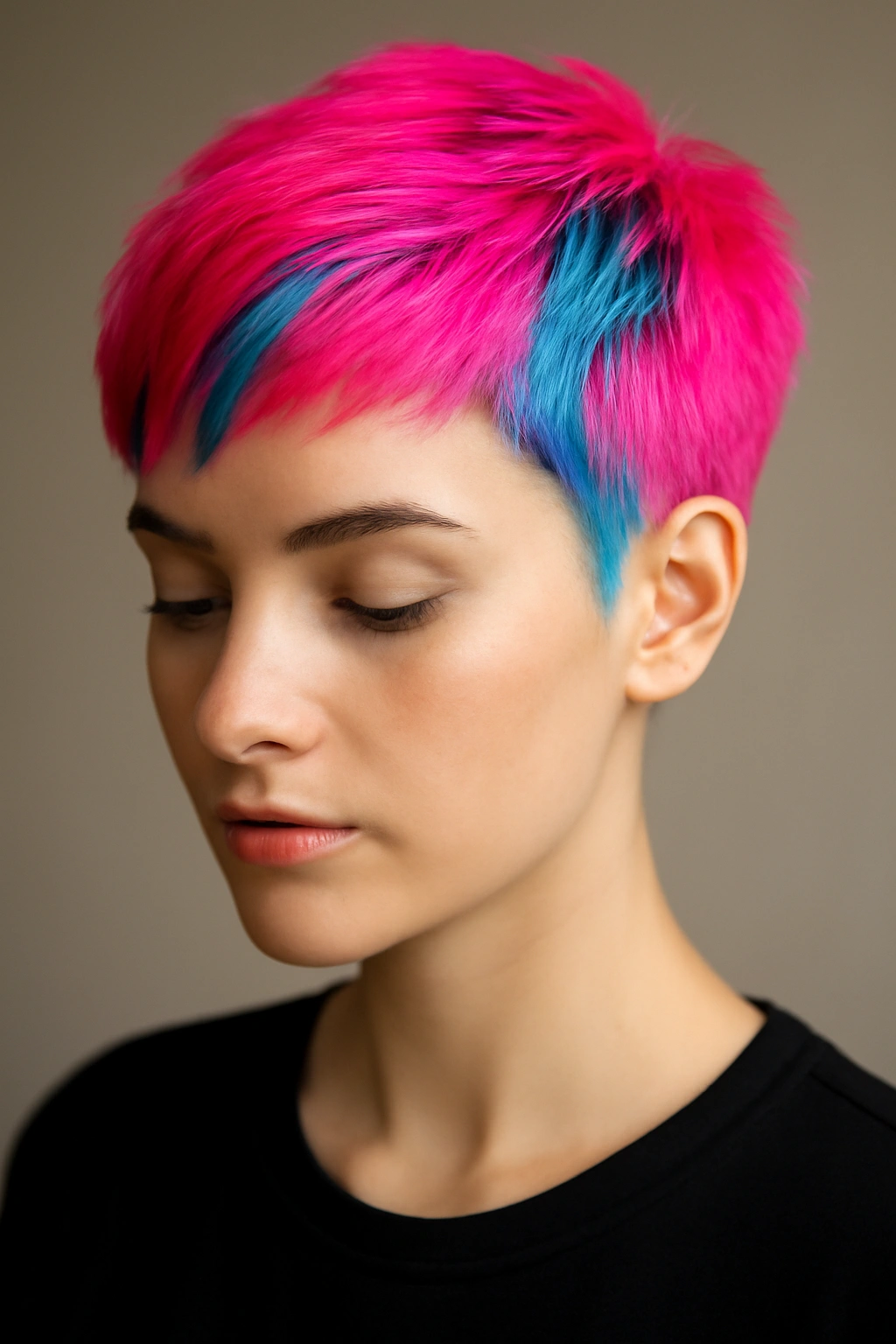 20 Pixie Styles Ranging From Classic To Edgy 19 Close-up portrait of a neon-pixie hairstyle with vivid neon pink and electric blue colors.