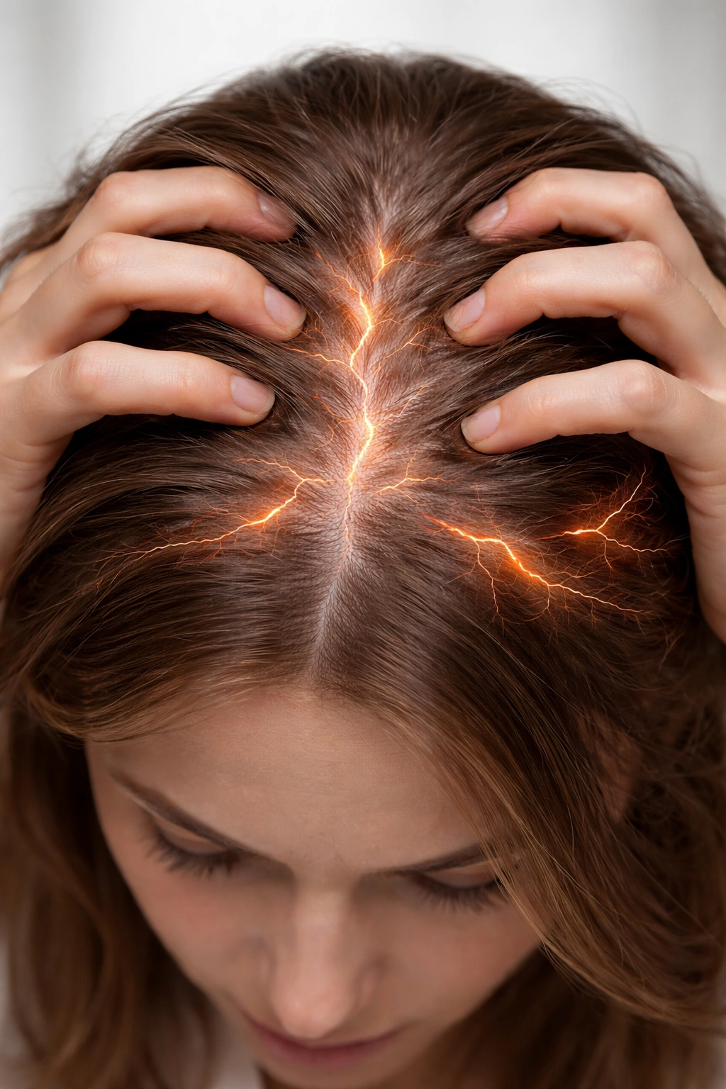Scalp close-up showing subtle neural pathways indicating neuropathic itch