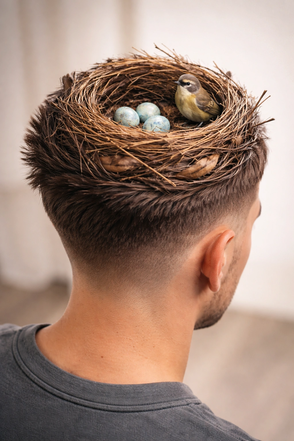 Nest-shaped hair carving on the crown with twig texture