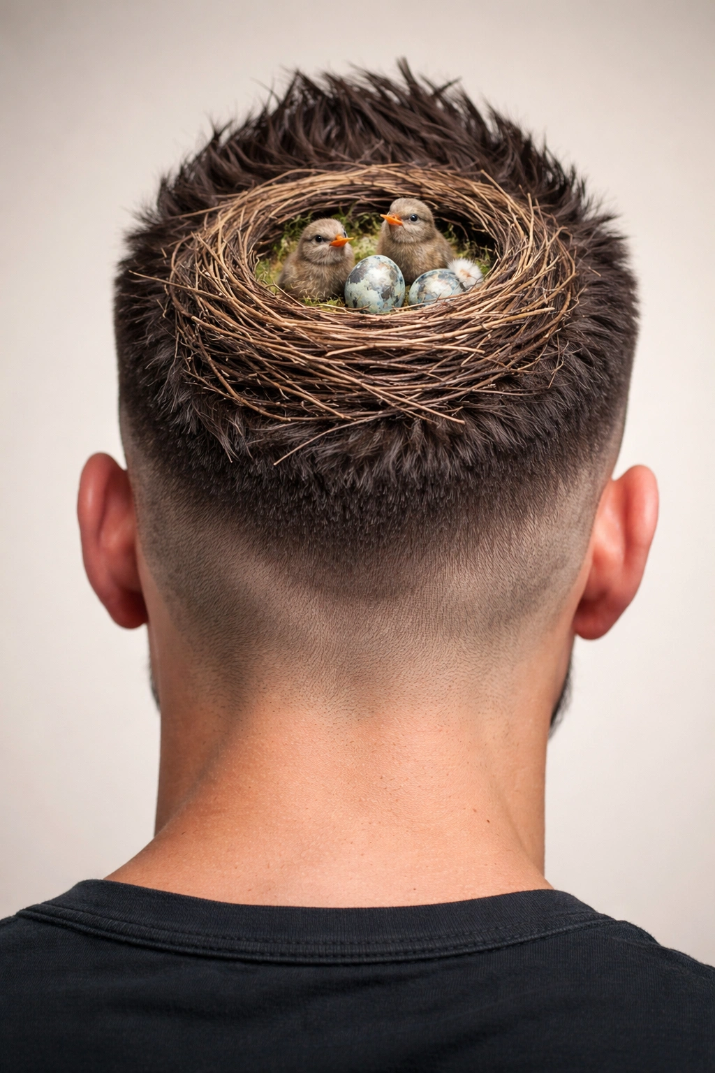 Crown area with a hair nest carved into the scalp and tiny bird shapes