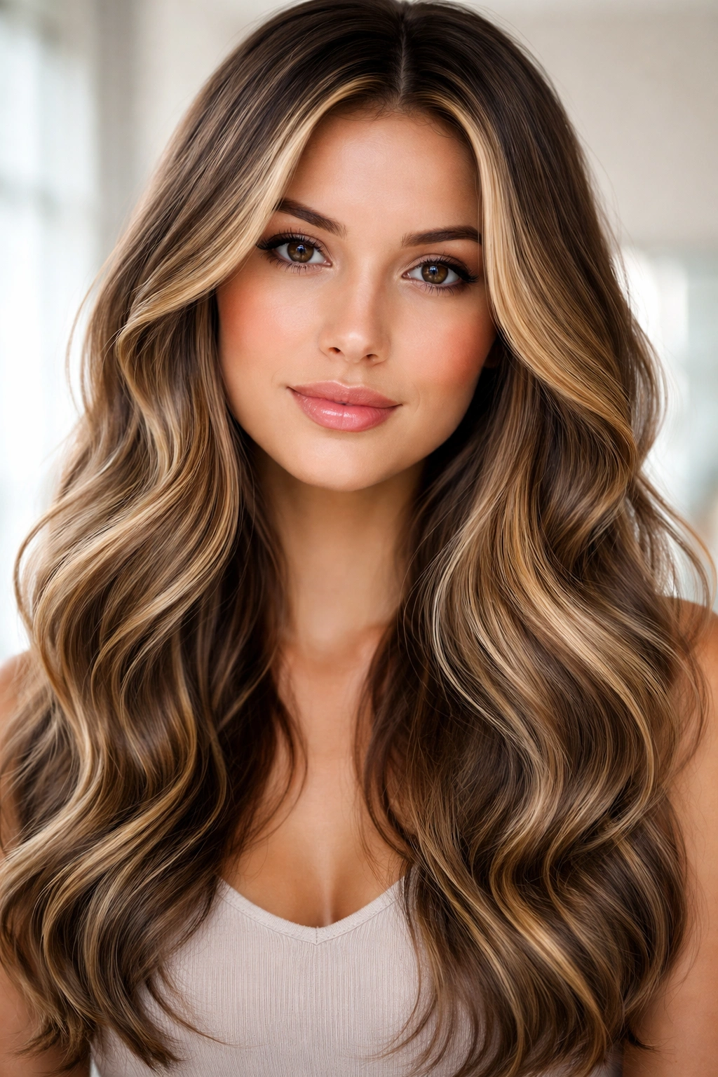 Portrait of neutral undertone hair with ash base and golden highlights