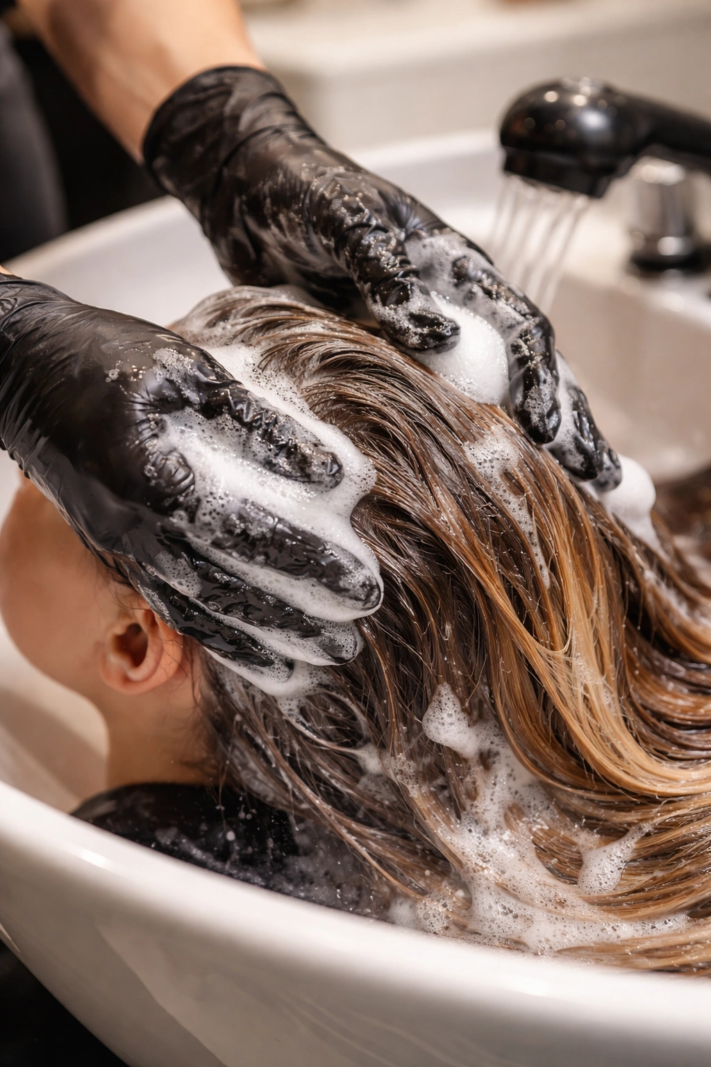 Gloved hands applying pH-balanced shampoo at a salon wash to neutralize chemicals
