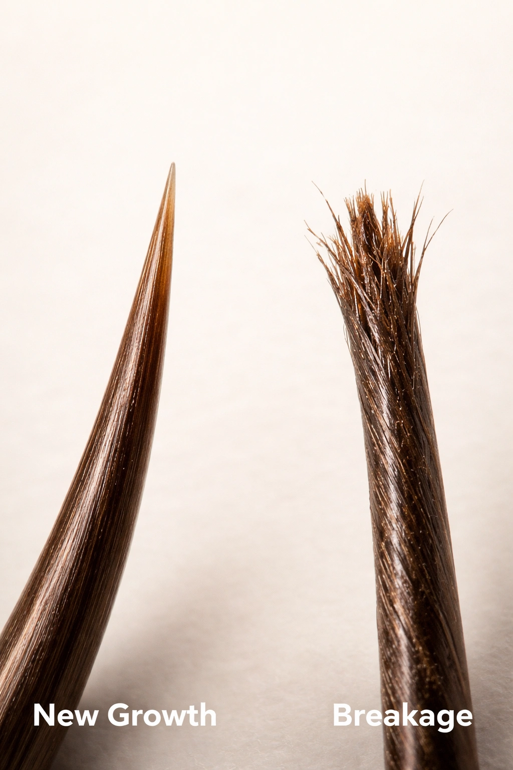 Macro comparison of smooth tapered new-growth hair and frayed breakage hair
