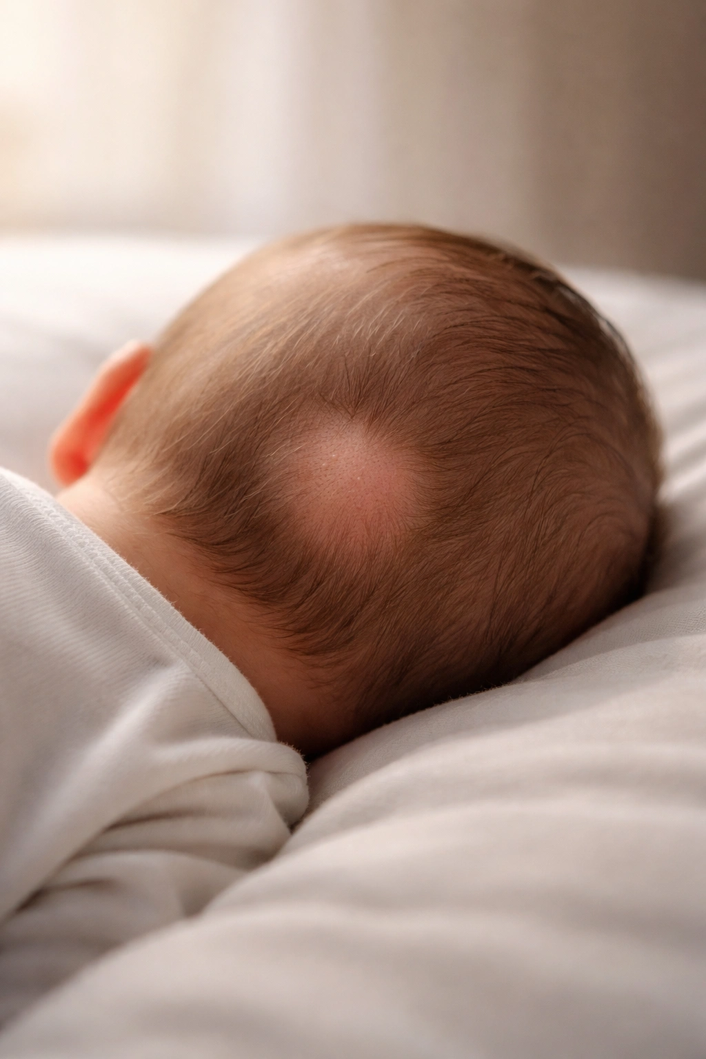 Newborn head back view with small bald patch from friction