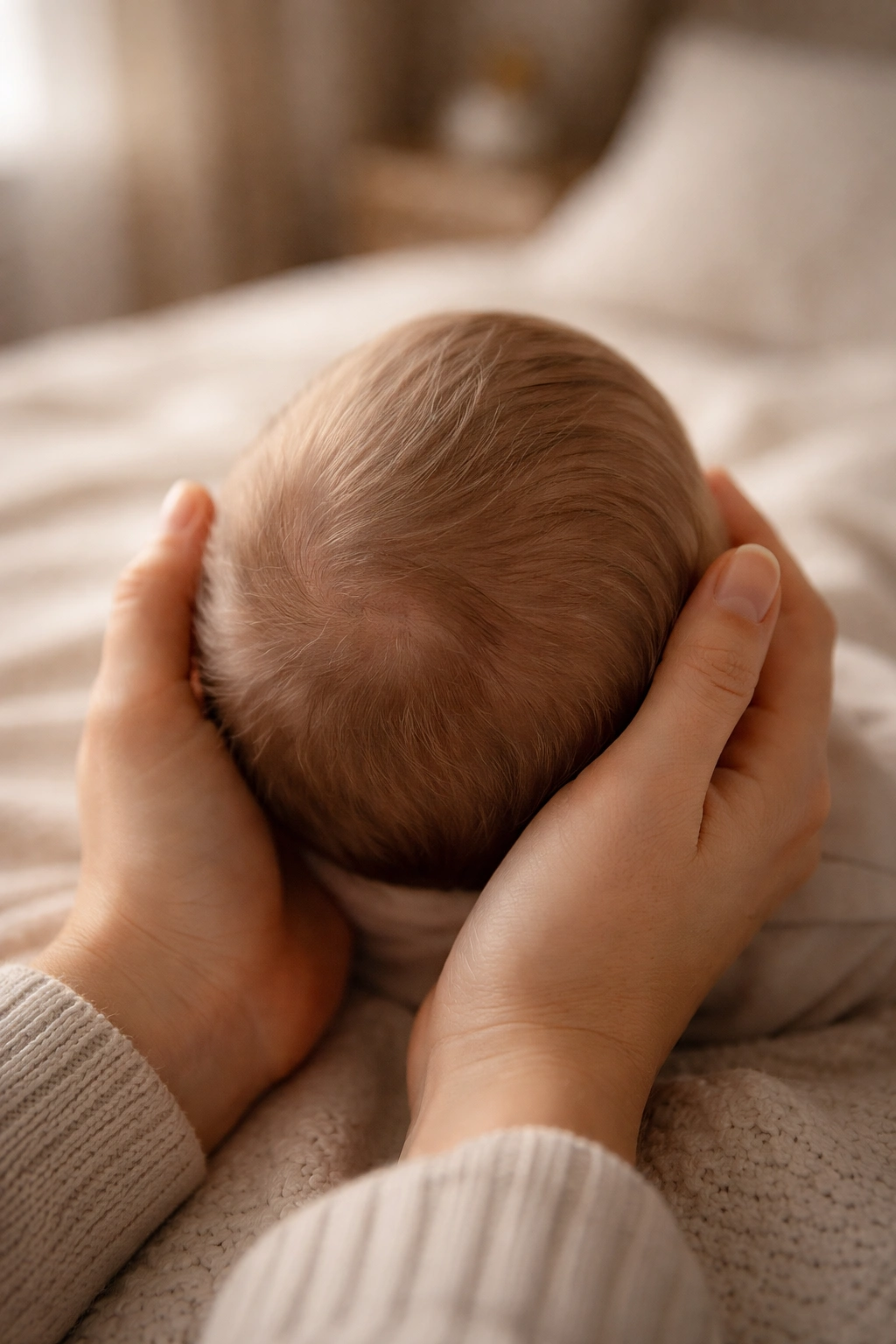 Close-up of newborn head in caregiver's hands conveying reassurance about normal hair loss