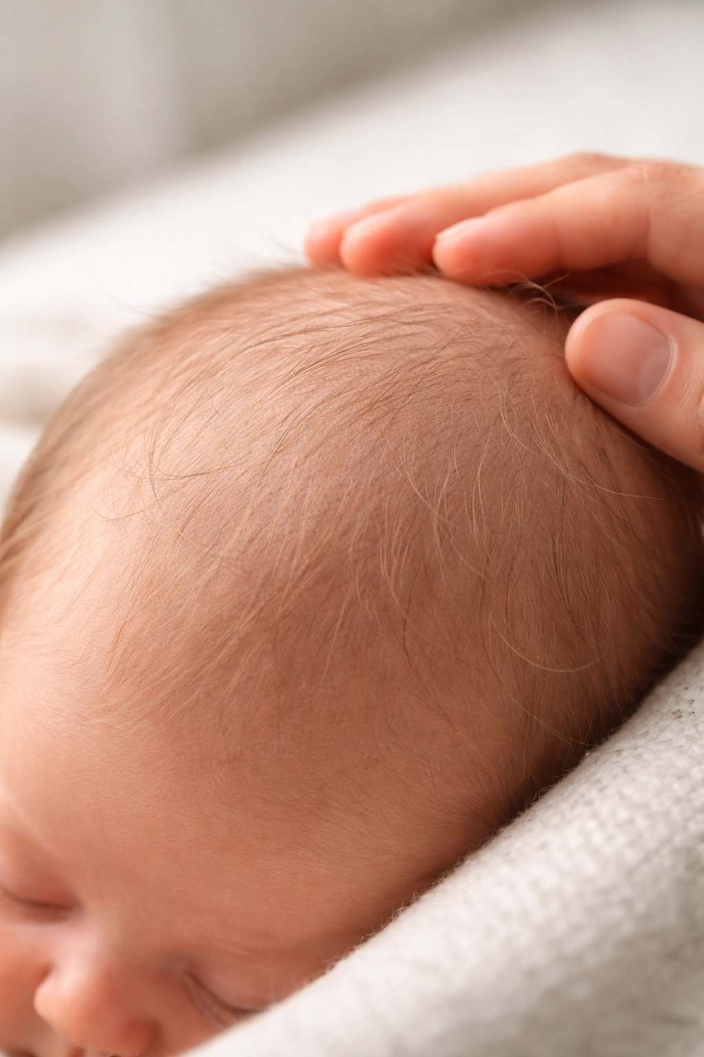 Close-up of newborn scalp showing fine hair and slight thinning