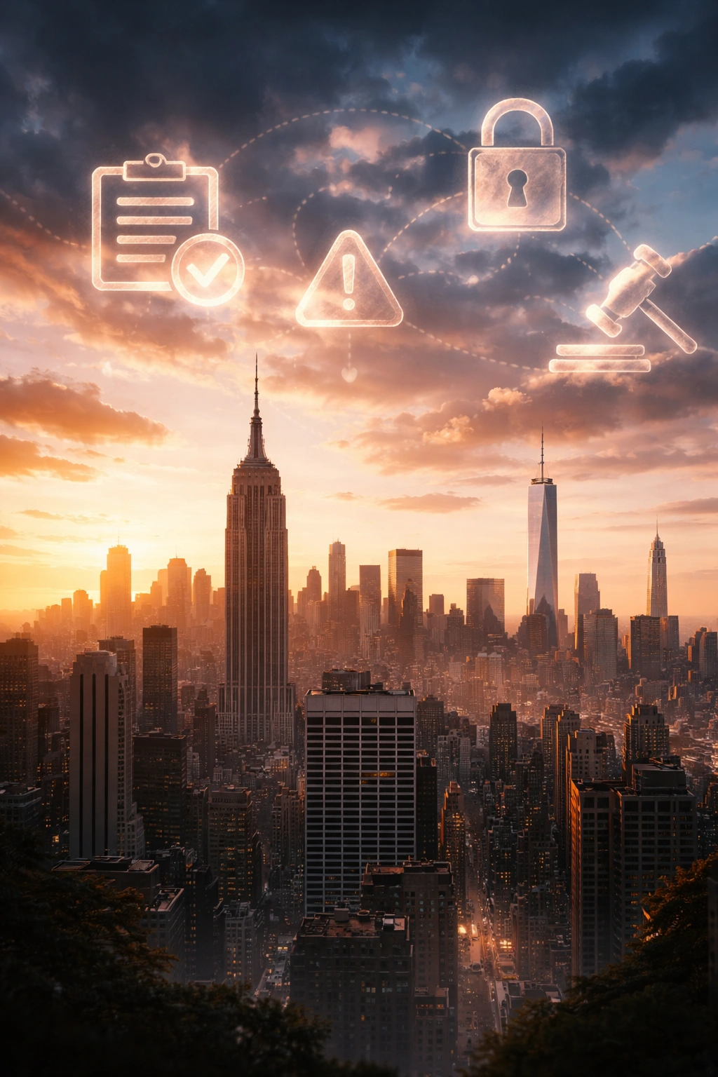 New York skyline with abstract symbols indicating evolving laser regulation