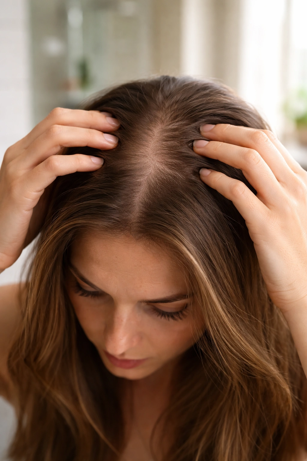 Close-up scalp showing thinning hair indicating Nexplanon-related hair loss