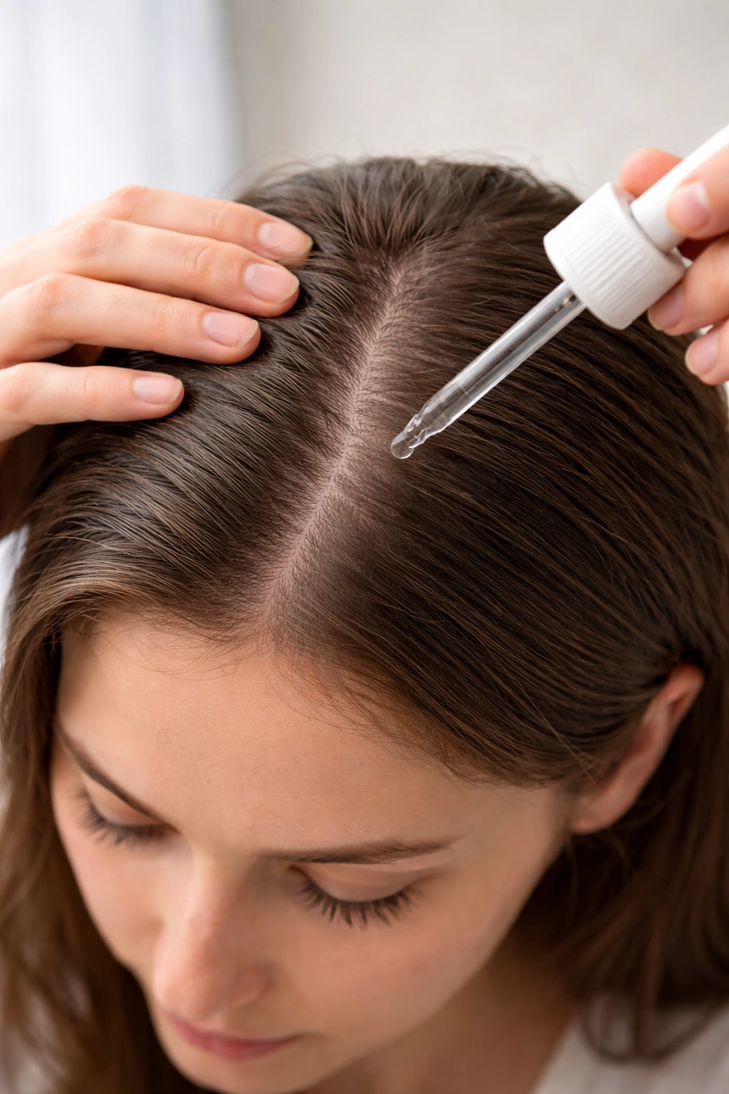 Woman applying topical hair loss treatment to scalp