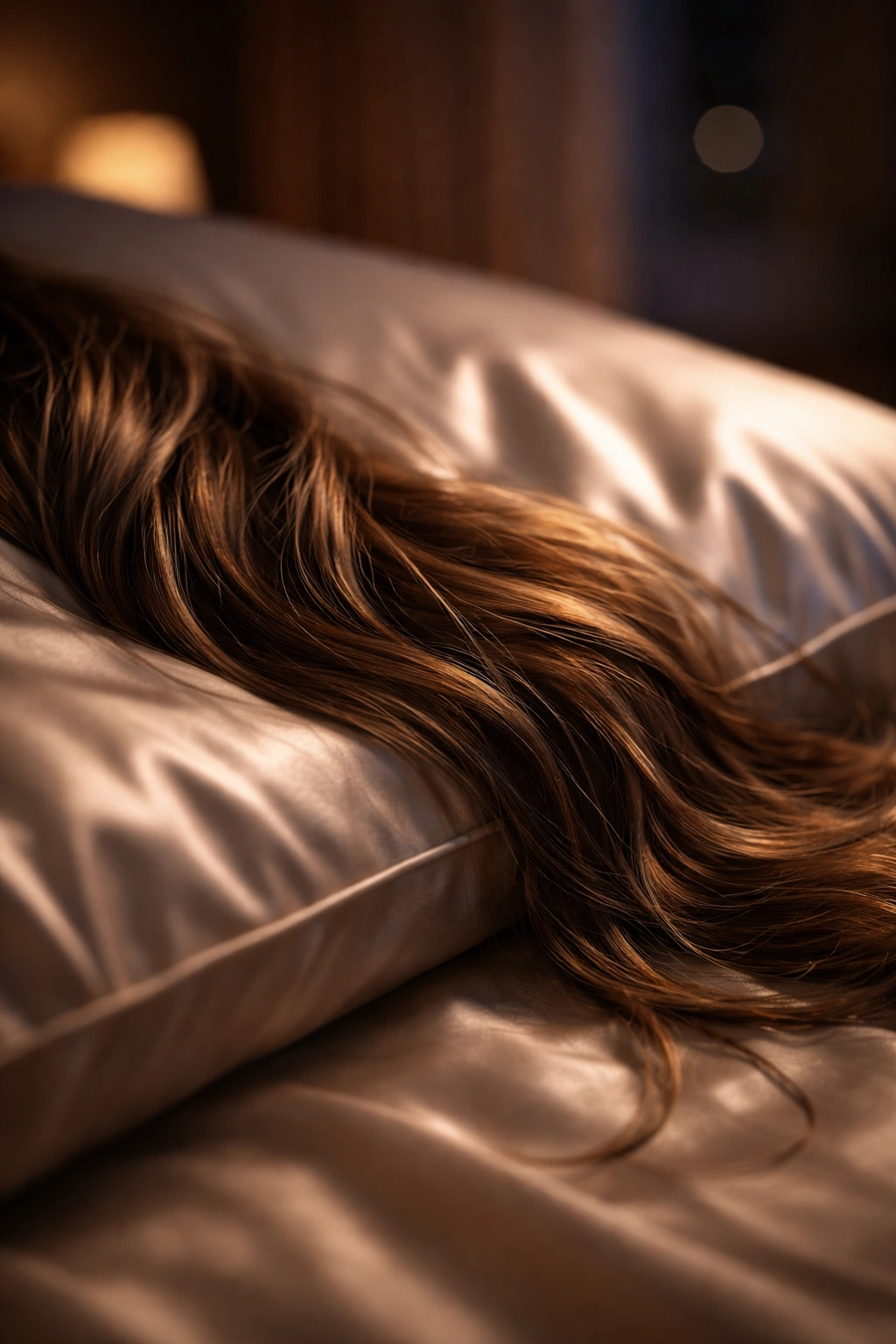 Close-up of hair on a silky pillowcase showing protection from night-time friction and moisture loss
