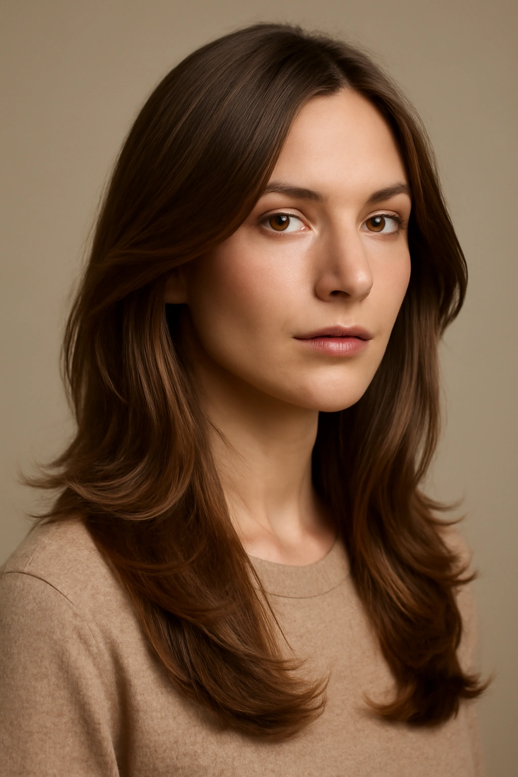Portrait displaying no bangs with cheekbone-length layers