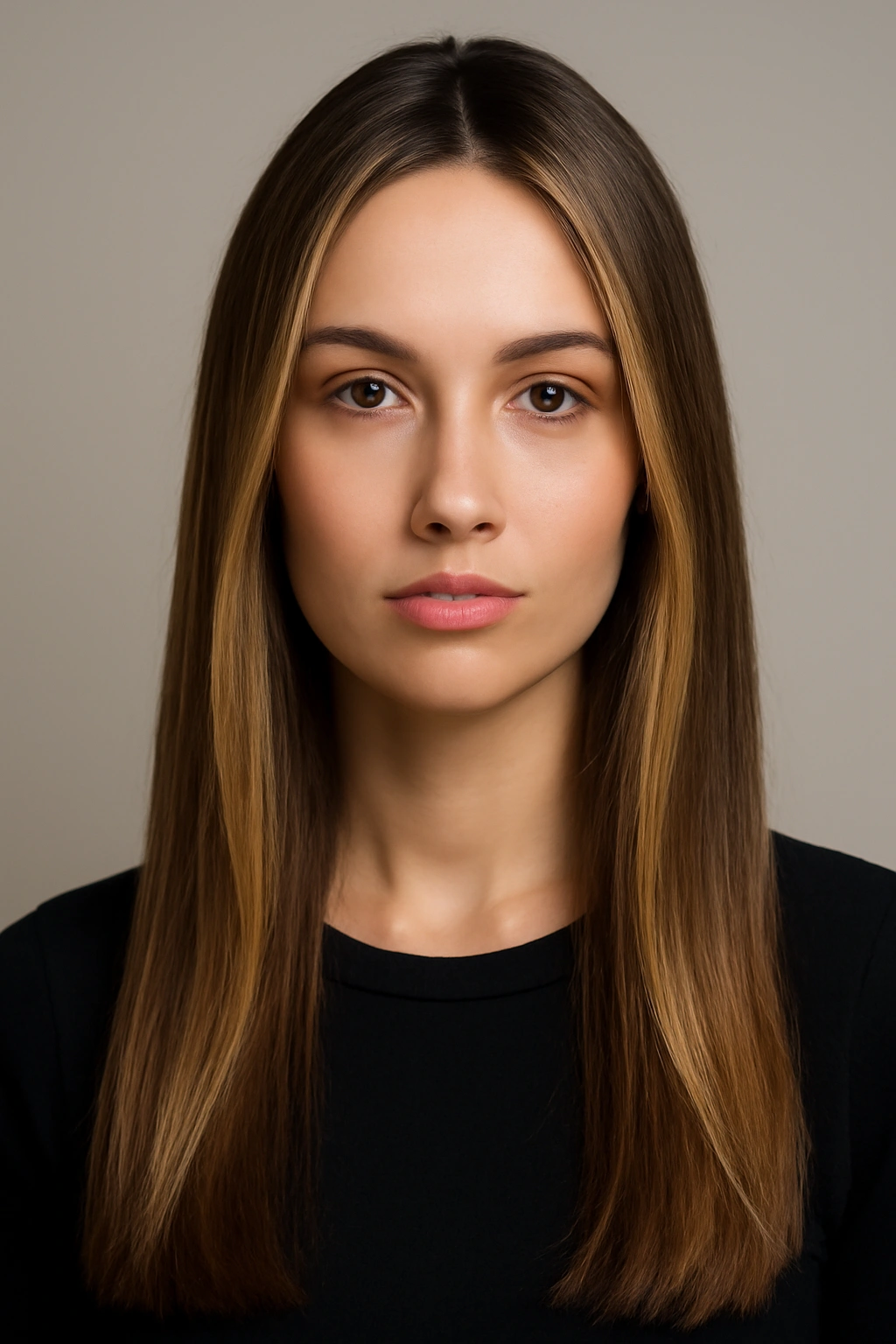 No bangs straight long hair with face-framing highlights hairstyle.